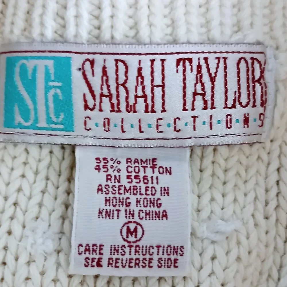 Sarah Taylor Collection VTG SZ M Cable Knit Cream Sweater Crochet Pearls 80's